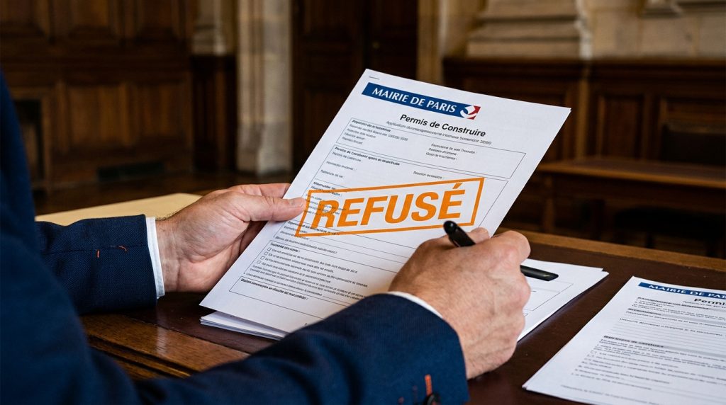 Mains d'un homme en costume tenant un document de permis de construire officiel avec le mot REFUSÉ imprimé dessus.