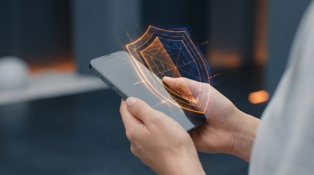 Une personne tenant un smartphone avec une icône de bouclier numérique holographique au-dessus de l'écran.