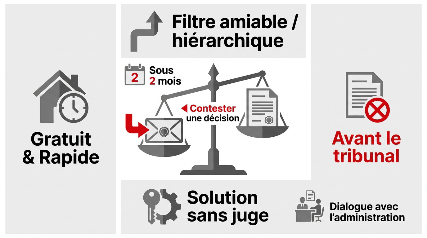 Dossier de recours administratif posé sur un bureau pour contester une décision publique