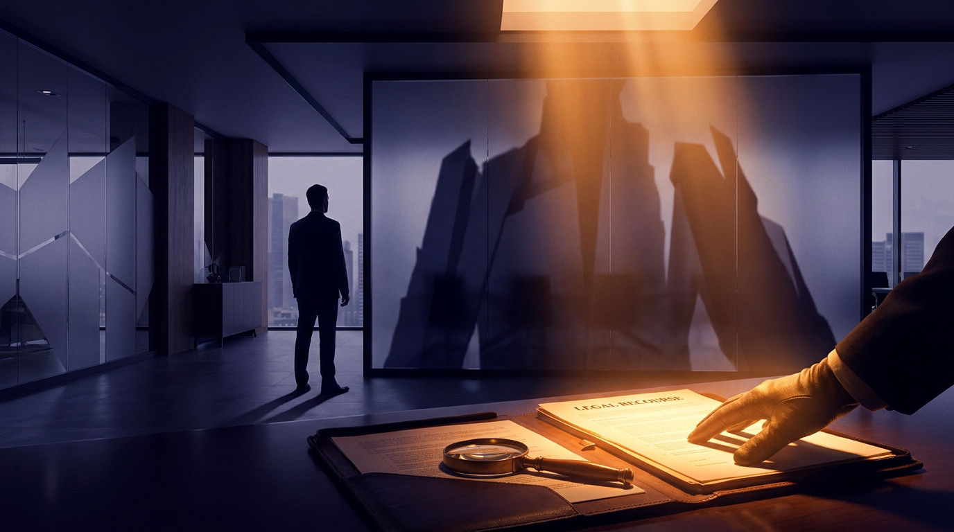 Un homme en costume regarde par la fenêtre d'un bureau sombre tandis qu'une main examine des documents de recours légal.