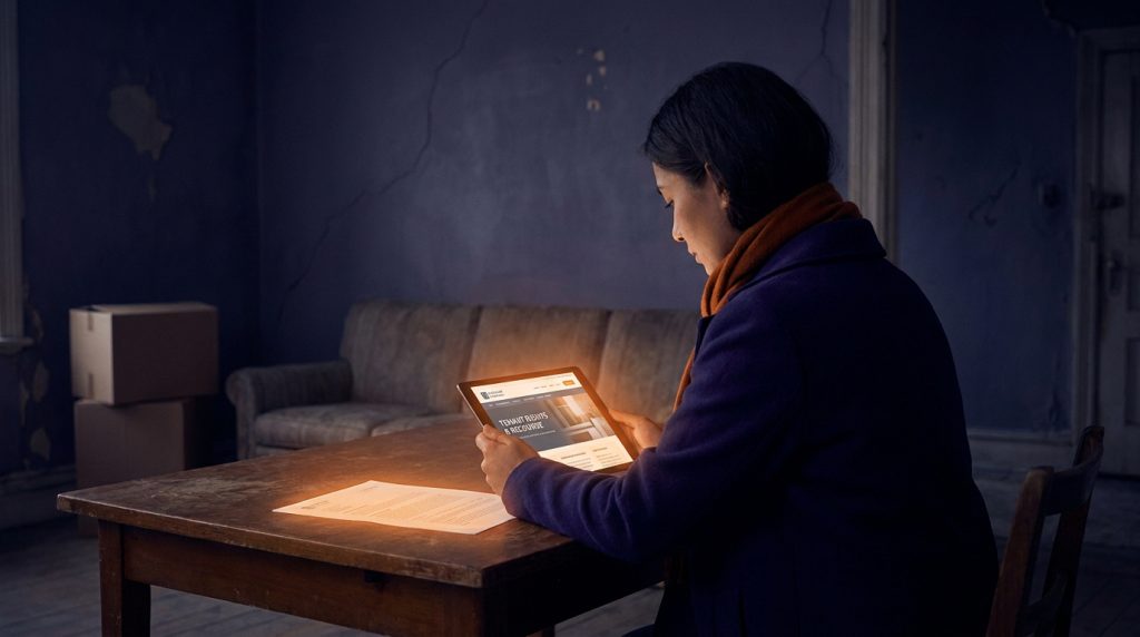 Une femme consulte une tablette dans une pièce sombre et délabrée pour s'informer sur ses droits de locataire.