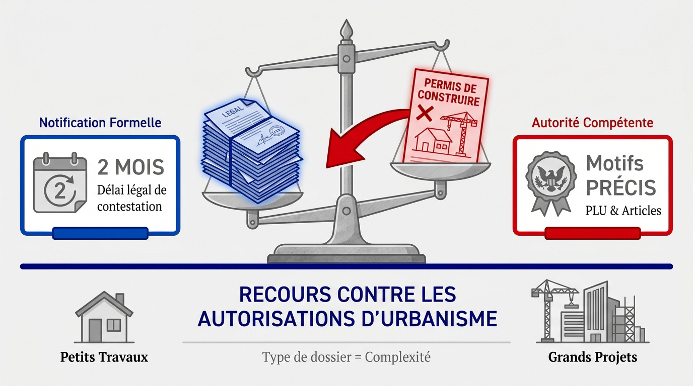 Schéma explicatif des délais et motifs de recours pour un permis de construire refusé