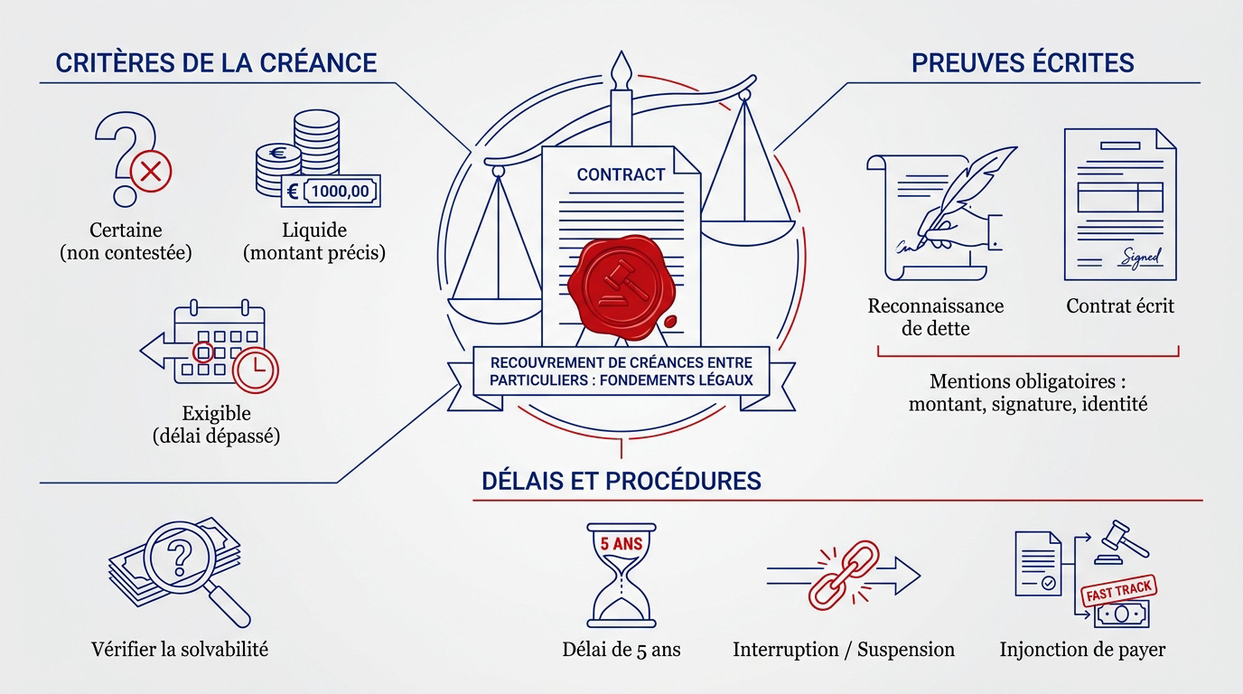 Documents juridiques et balance symbolisant le recouvrement de créance entre particuliers