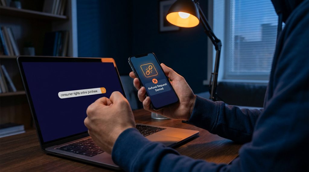Une personne frustrée devant un ordinateur cherche ses droits de consommateur après un refus de remboursement sur mobile.