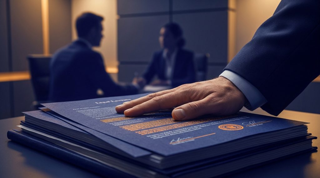 Une main posée sur un dossier juridique bleu dans un bureau, avec deux personnes floues en arrière-plan.