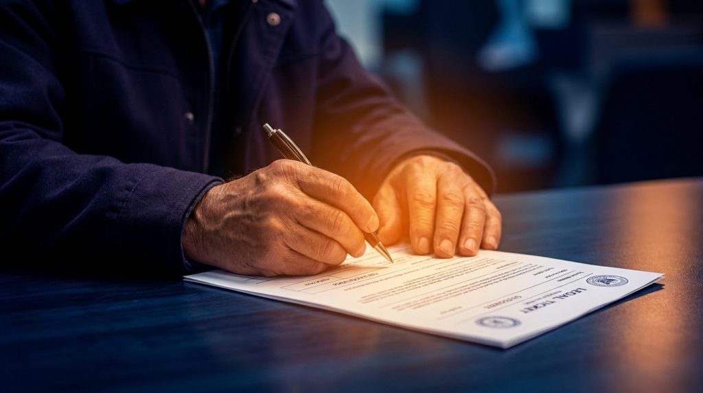 Une personne remplit un formulaire officiel de contestation de contravention à une table sombre.