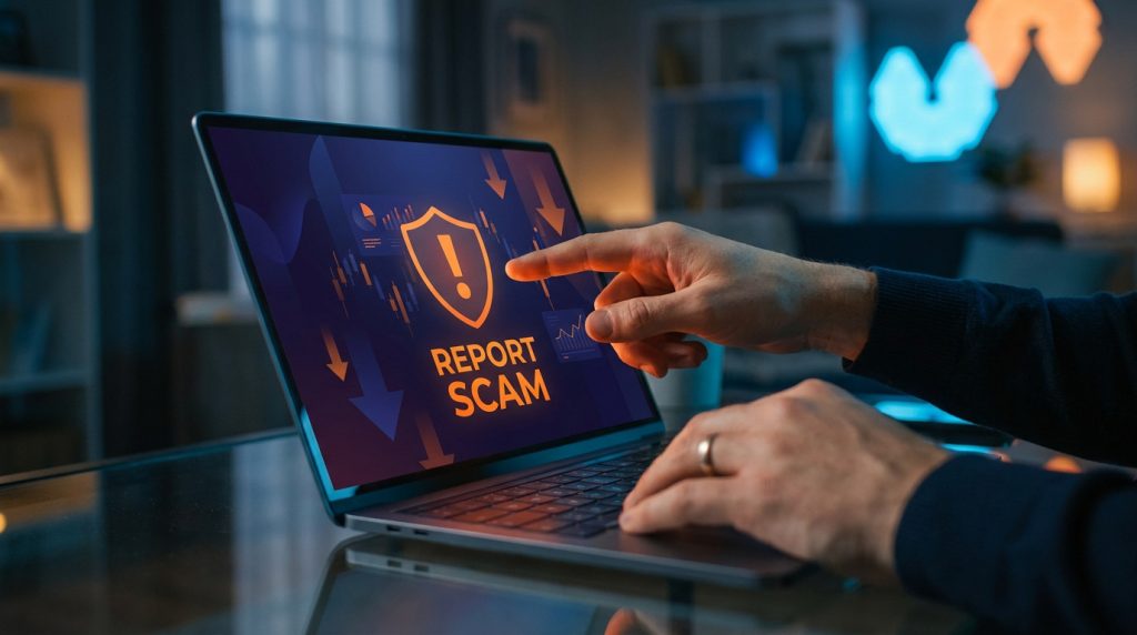 Main pointant vers un écran d'ordinateur affichant « REPORT SCAM » avec une icône de bouclier et un point d'exclamation.