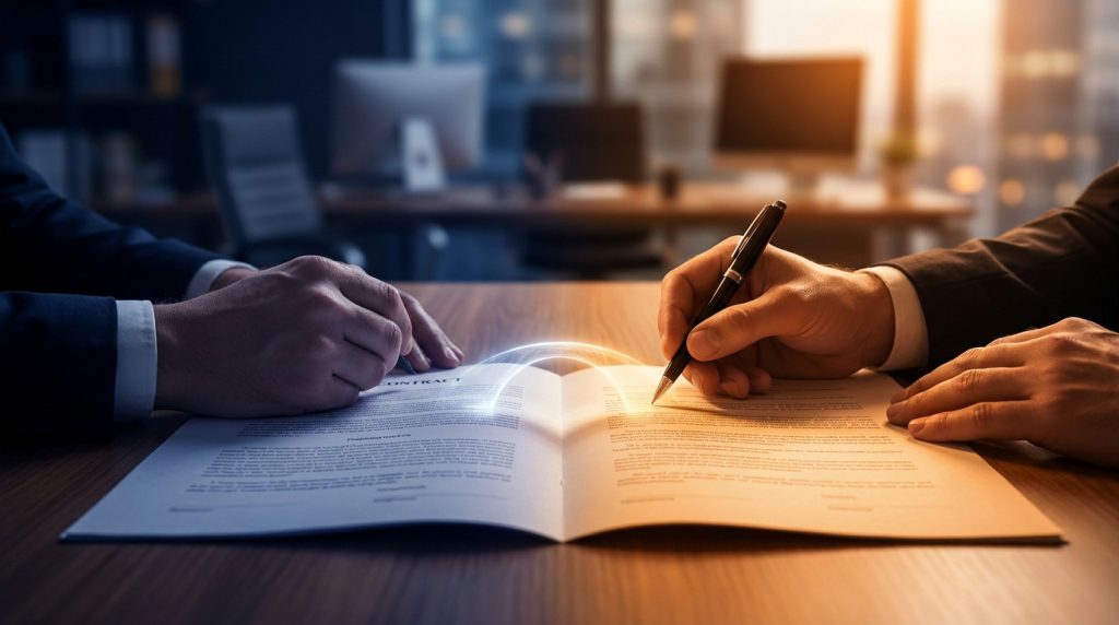 Mains d'un professionnel signant un contrat de travail sur un bureau de bureau avec un effet de lumière symbolique.