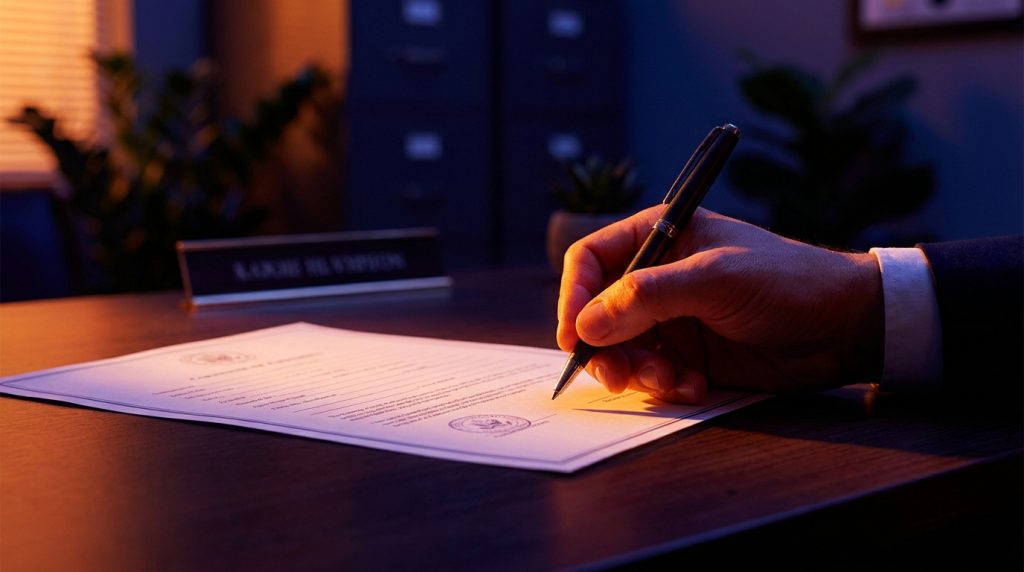 Une main signe un document officiel sur un bureau sombre, éclairé par une lumière chaleureuse.