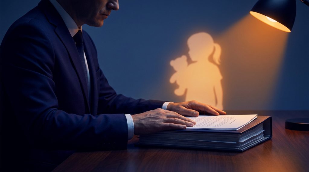 Un avocat en costume lit un dossier sous une lampe, avec l'ombre d'une petite fille tenant un ours projetée au mur.