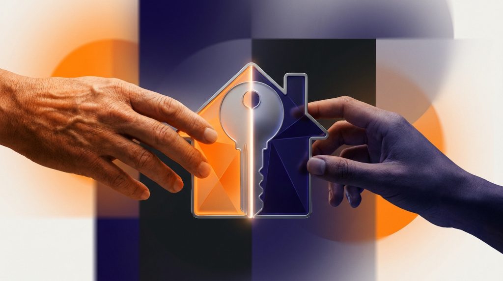 Deux mains se rejoignant vers une icône de maison divisée en orange et bleu contenant une clé, symbole de succession.