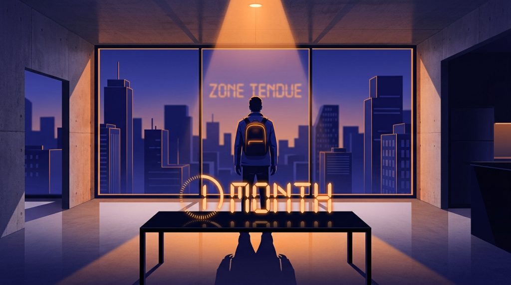 Silhouette d'une personne devant une fenêtre donnant sur une ville avec le texte "ZONE TENDUE" et "1 MONTH" en néon orange.