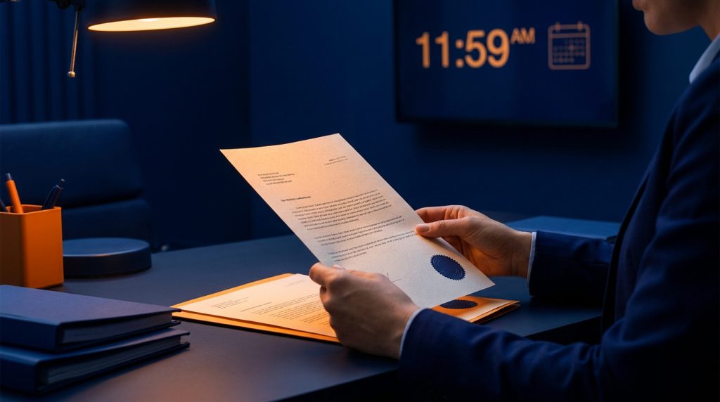 Une personne en costume examine un document officiel dans un bureau sombre avec une horloge affichant 11h59.